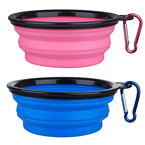 Dog Bowl Pet Collapsible Bowls, 2 Pack Collapsible Dog Water Bowls for Cats Dogs, Portable Pet Feeding Watering Dish for Walking Parking Traveling with 2 Carabiners (Small, Bule+Pink) | Amazon (US)