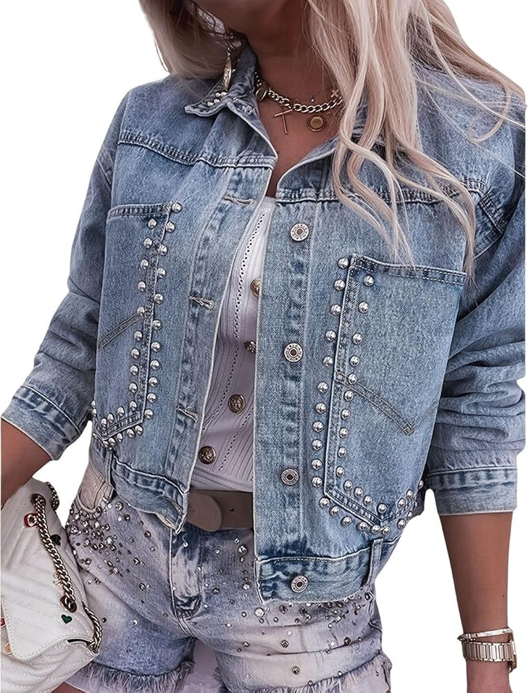 Kwoki Women's Studded Denim Jacket Casual Long Sleeve Western Distressed Rivet Cropped Jean Coat | Amazon (US)