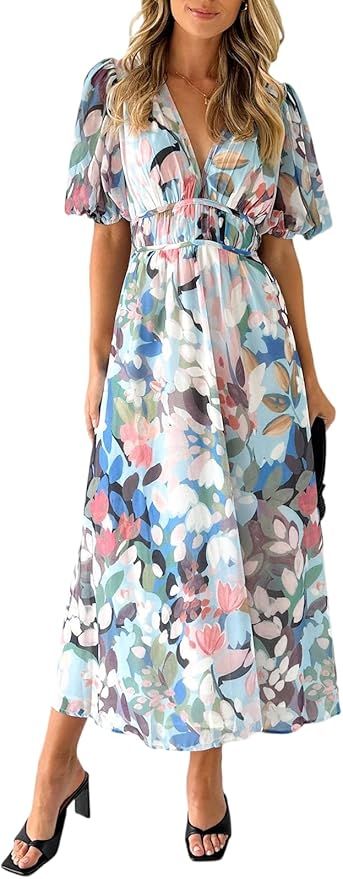 Maxigerui Women's Long Sleeve Boho Maxi Dress Floral Print Long Dress Pink Print | Amazon (US)