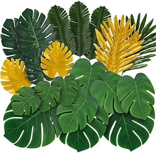 CEWOR 88 Pieces 9 Kinds Artificial Palm Leaves with Stems Faux Tropical Green and Gold Monstera S... | Amazon (US)