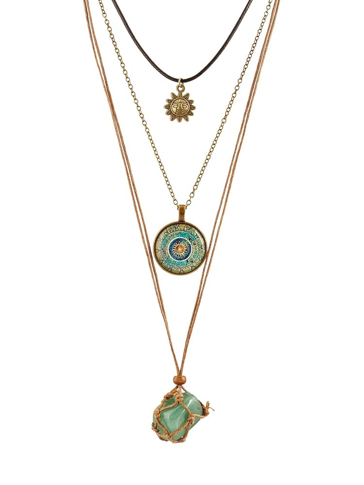 MINACHI Bohemian Retro Style Multi Layer Necklace, Green Crystal Sun and Floral Pendant, Ethnic J... | Amazon (US)