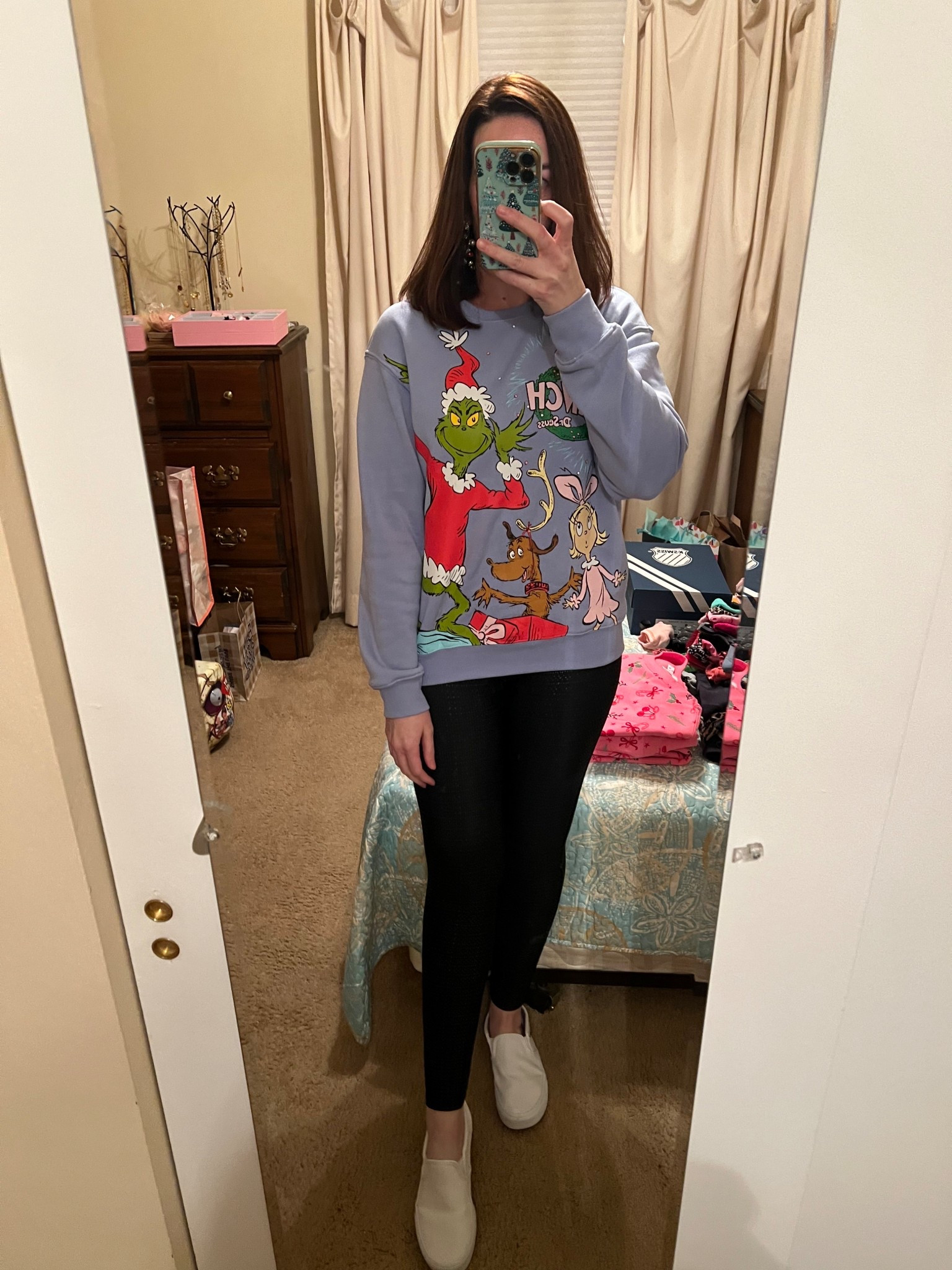 Blue grinch scene sweatshirt (small). Black faux leather leggings (small). White slip on sneakers (8.5). #sweater #greensweater #joysweater #fauxleatherleggings #leggings #blackleggings #sliponsneakers #sneakers #whitesneakers #holidayparty #christmasoutfit #grinchsweatshirt
Winter Outfit 
holiday outfits women
christmas party outfit
holiday party outfit  

#LTKHoliday #LTKFindsUnder100 #LTKSeasonal