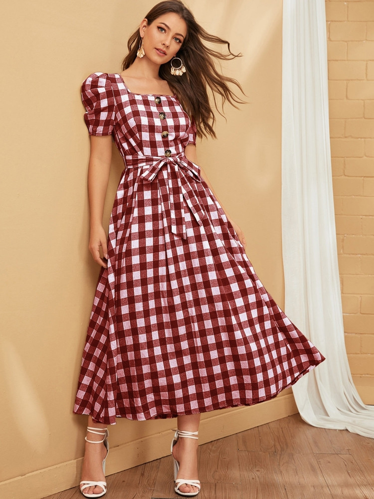 Plaid Button Front Puff Sleeve Dress | SHEIN