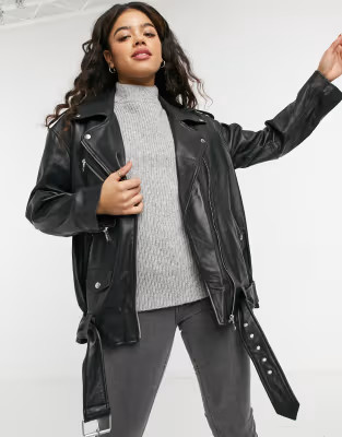 ASOS DESIGN oversized leather moto jacket in black | ASOS (Global)