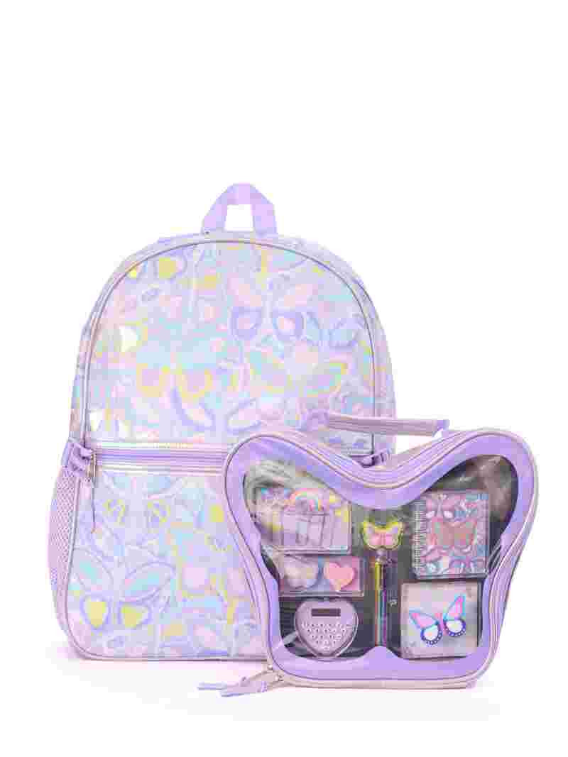 Schoolyard Vibes 17" Girls' Butterfly Backpack with Stationary Set, Purple | Walmart (US)