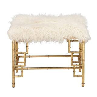 Litton Lane 19 in. Gold Metal Stool with Faux Fur 65571 - The Home Depot | The Home Depot