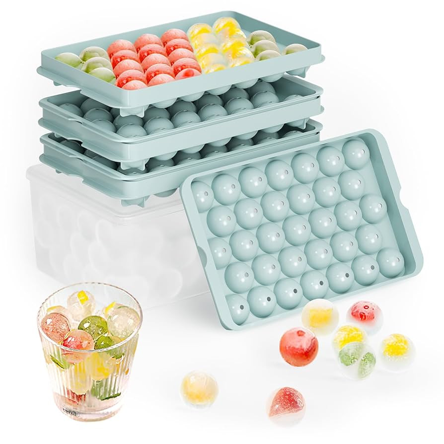 Round Ice Cube Trays for Freezer with Lid and Bin - 3 Stackable Trays Small Circle Ice Maker Mold... | Amazon (US)