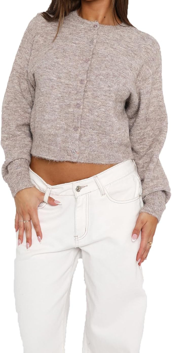 Women's Long Sleeve Cropped Cardigan Open Front Button Down Knit Cardigan Long Sleeve Crew Neck P... | Amazon (US)