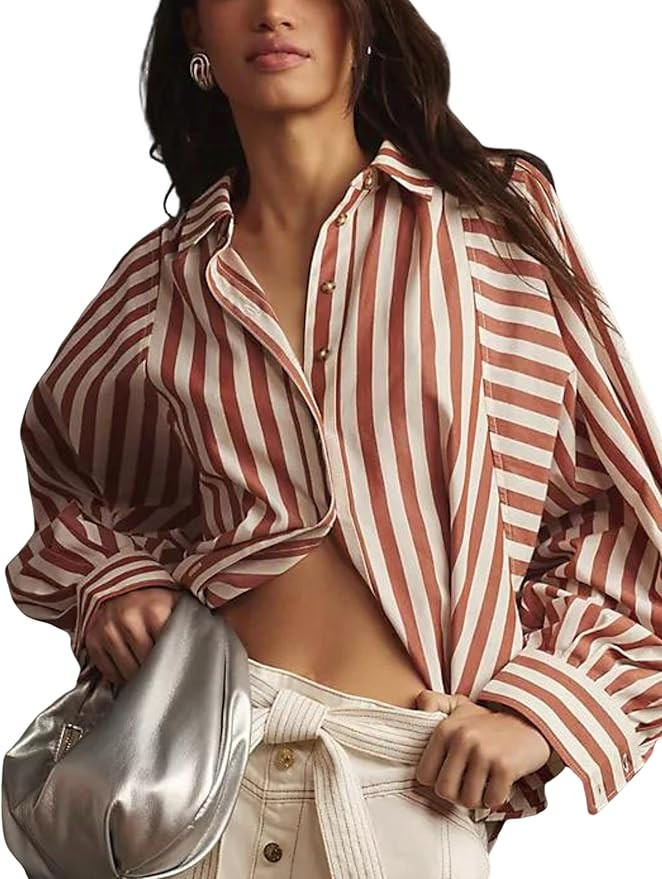 Lviefent Womens Striped Button Down Shirt Cotton Boyfriend V Neck Long Sleeve Batwing Blouse | Amazon (US)