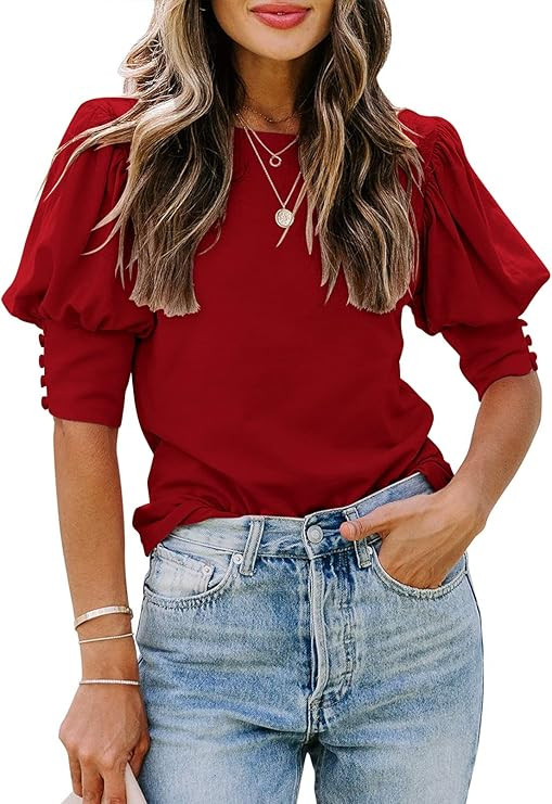 SimpleFun Women's Puff Sleeve Tops Summer Crewneck Loose Casual Blouse Shirts | Amazon (US)