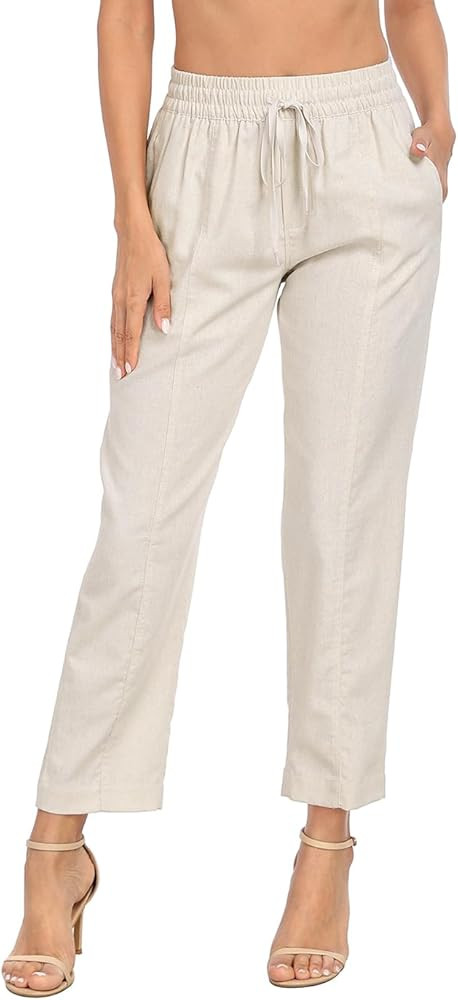 HDE Women's Linen Blend Pull On Pants Summer Drawstring Ankle Pant with Pockets | Amazon (US)