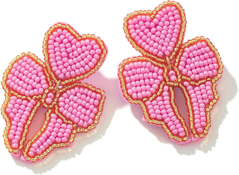 Beaded Bow Dangle Earrings Cute - Handmade Statement Ribbon Drop Earrings for Party or Wedding | Amazon (US)