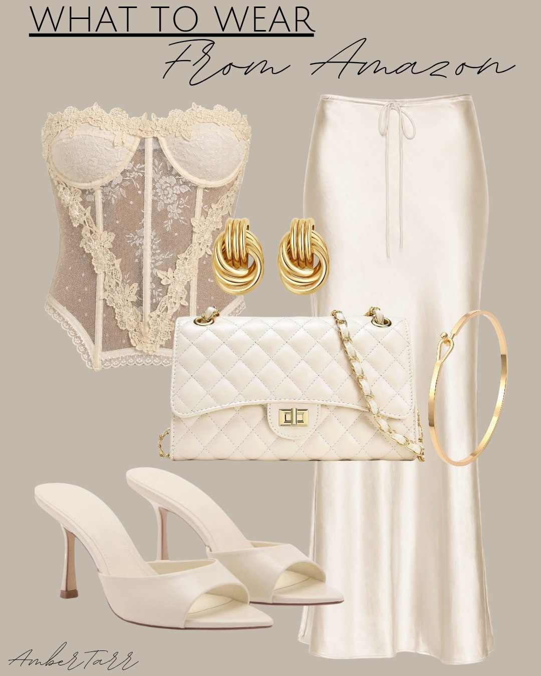 This cream lace corset top paired with a satin maxi skirt, a white quilted chain crossbody bag, cream heeled mule sandals, gold knot earrings, and a delicate gold bangle bracelet is a romantic and elegant date night outfit from Amazon that looks absolutely stunning without the designer price tag. Feminine, luxurious, and perfect for a special dinner date or a night out where you want to feel effortlessly beautiful.

#LTKOver40 #LTKMidsize #LTKootd