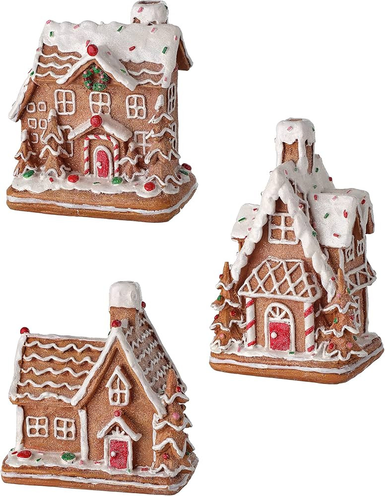 Set of 3 Gingerbread Candy Houses in Clay Dough Resin with Frosted Snow LooK, 5 to 6 Inches Tall,... | Amazon (US)