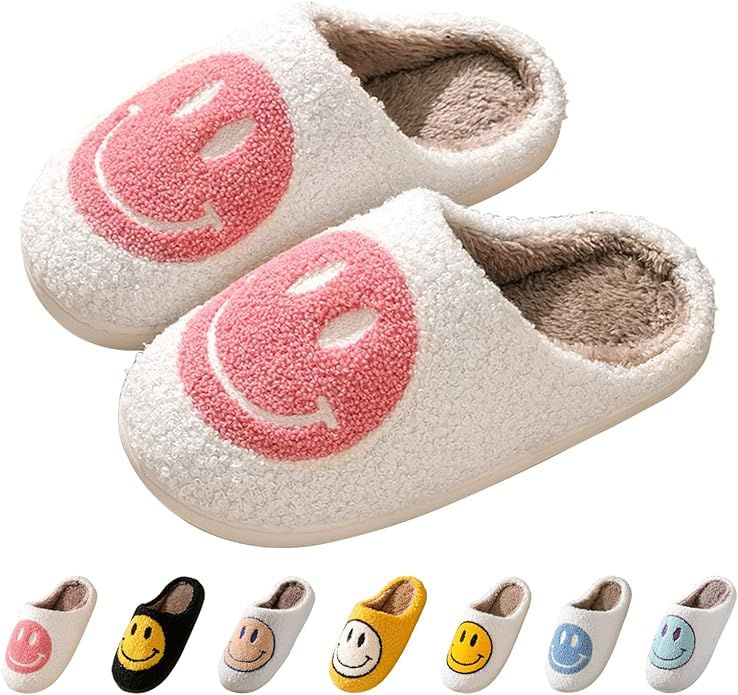 Smile Face Slippers for Women, Soft Plush Smile Slippers Retro Preppy Slippers with Smile Face Ha... | Amazon (US)