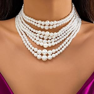 Big Pearl Necklace Round Pearl Jewelry Necklace Chunky Multi layered Choker Necklace for Women | Amazon (US)