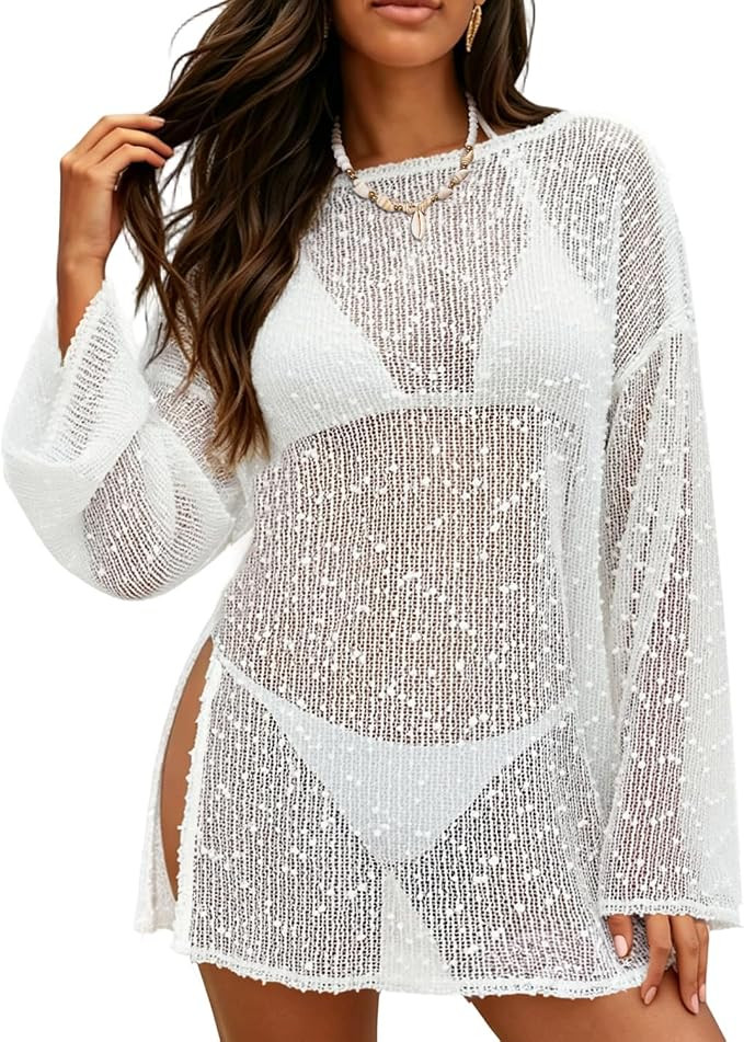 Swim Cover Up for Women Sexy Crochet Sequin Bathing Suit Cover Up Beach Coverup Summer Vacation K... | Amazon (US)