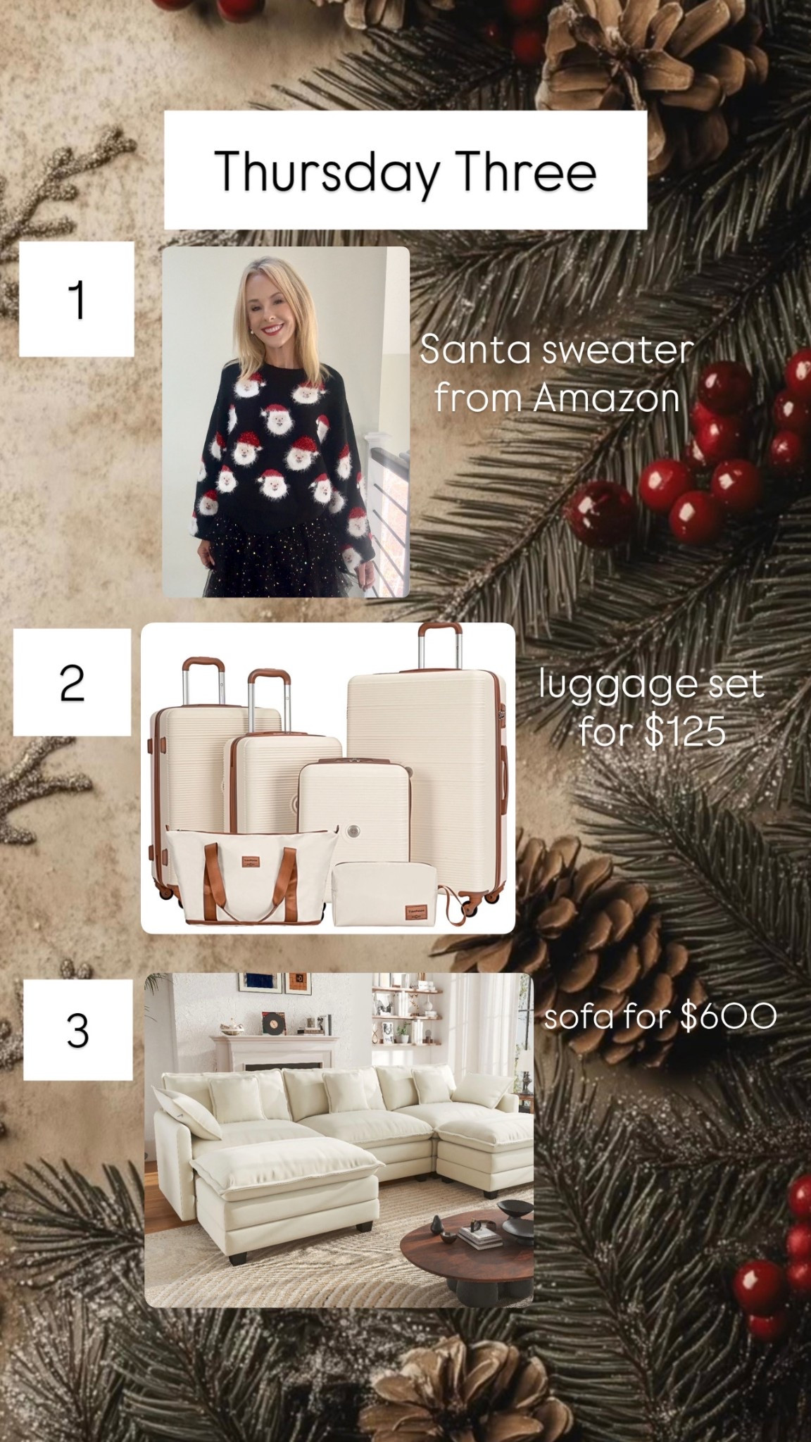 Thursday Three bestsellers of the week. #christmassweater #luggage #sofa 

#LTKSaleAlert #LTKHome #LTKHoliday