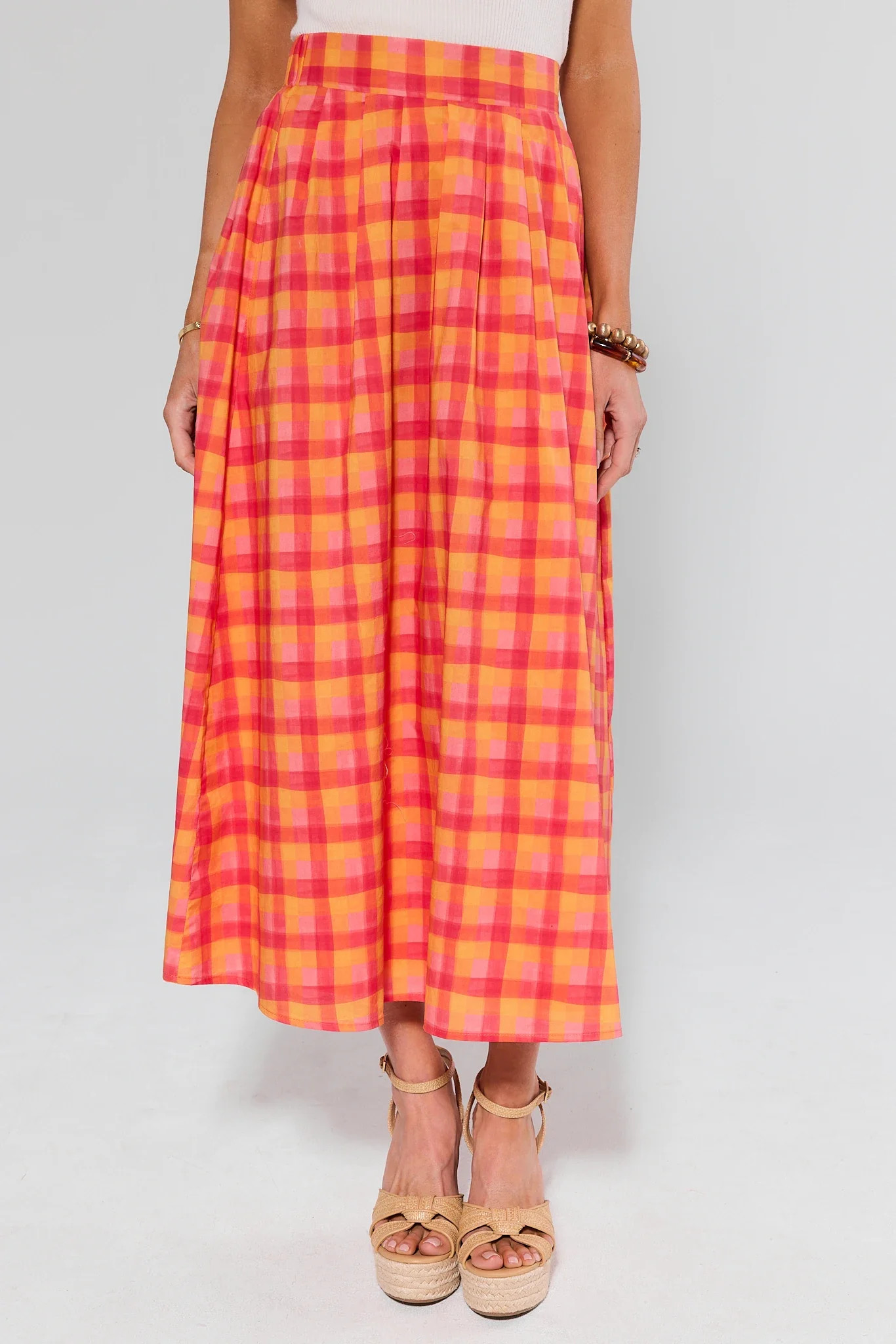 Estie Orange Plaid Midi Skirt | Avara