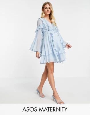 ASOS DESIGN Maternity ruffle mini dress with button front and lace detail in blue | ASOS (Global)