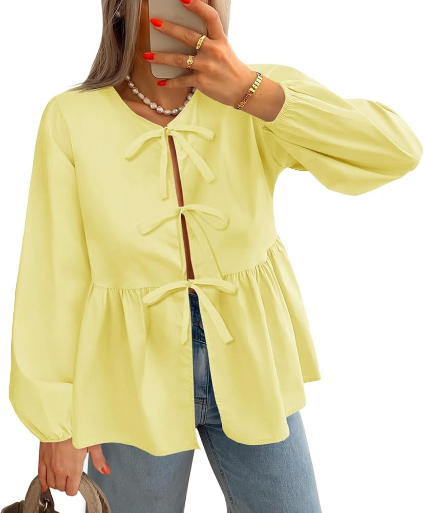 Tankaneo Womens Tie Front Tops Blouses Long Puff Sleeve Peplum Babydoll Bow Shirt Summer Coquette... | Amazon (US)