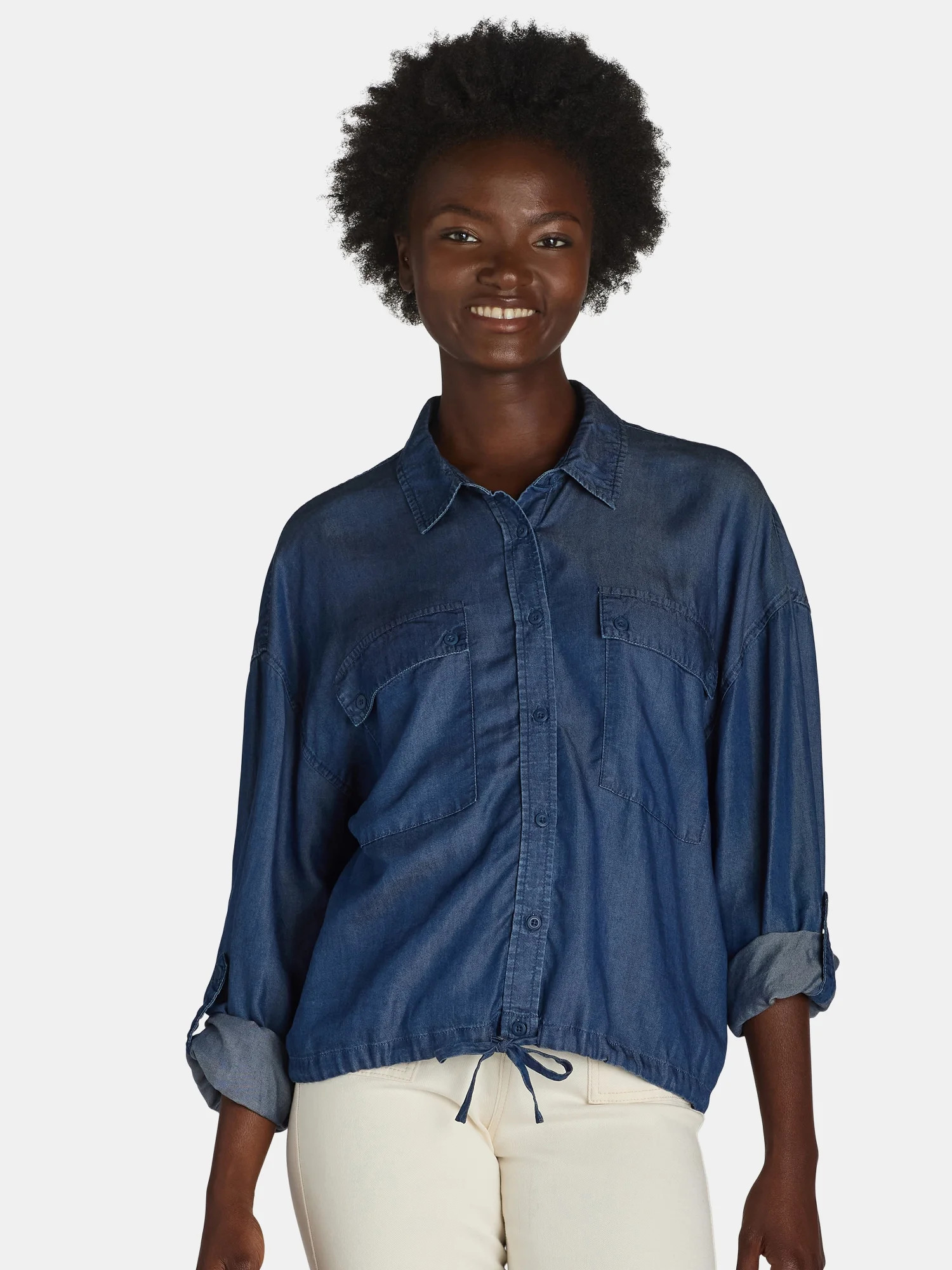 Time and Tru Women's Chambray Drawstring Blouse, Sizes XS-XXXL - Walmart.com | Walmart (US)