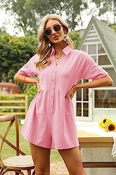 Amazon.com: DEEP SELF V Neck Button Up Pink Rompers for Women Dressy Short Sleeve Collared Comfy Sho | Amazon (US)