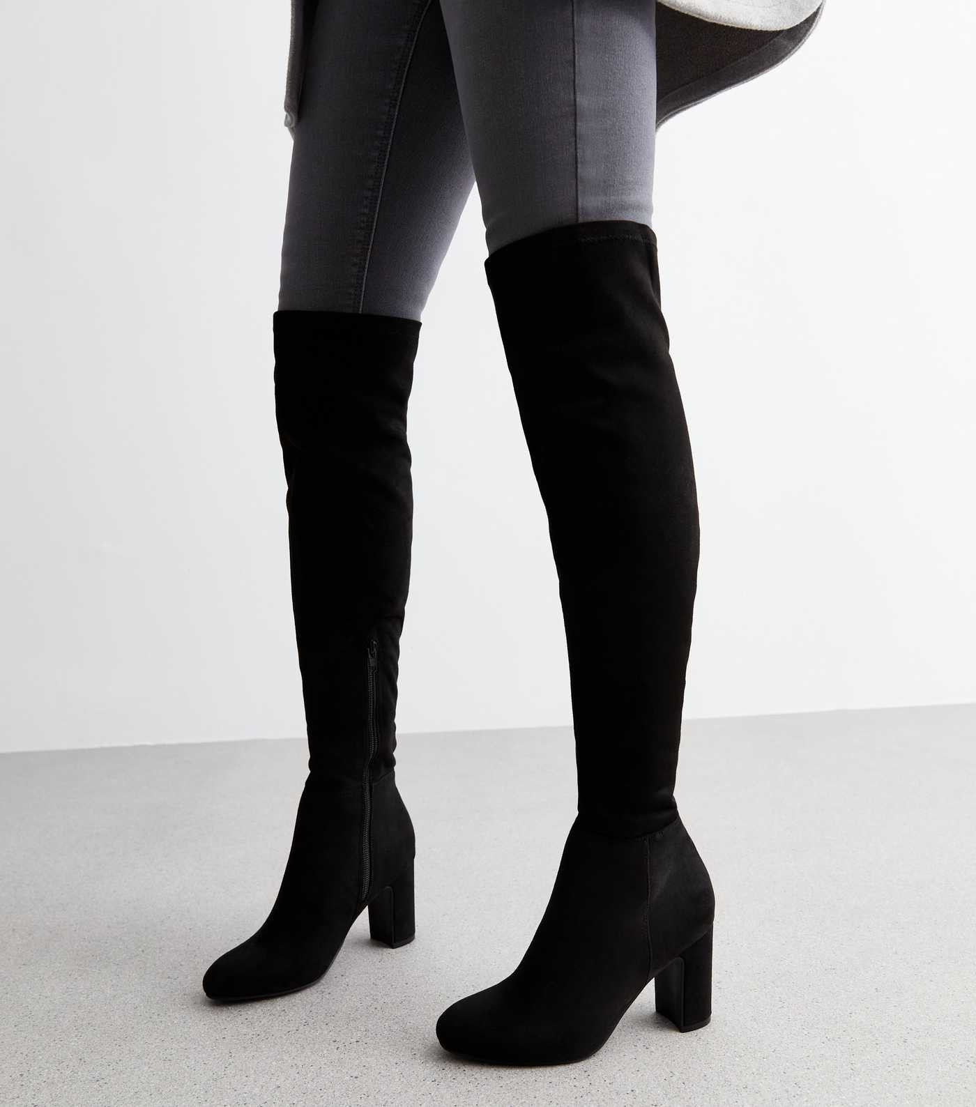 Black Suedette Over the Knee Block Heel Boots | New Look | New Look (UK)