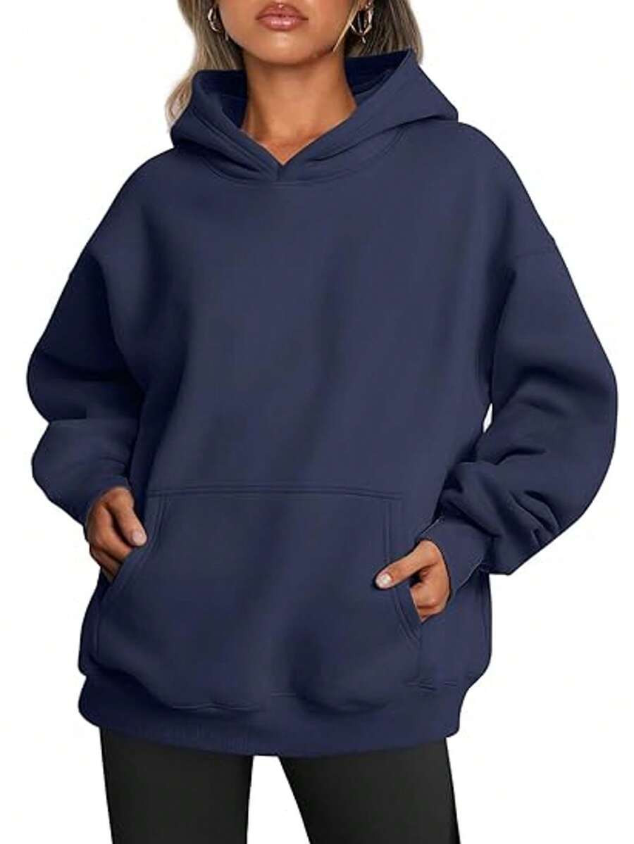 Standard Size Women Casual Solid Color Long Sleeve Hooded Pullover Sweatshirt | SHEIN