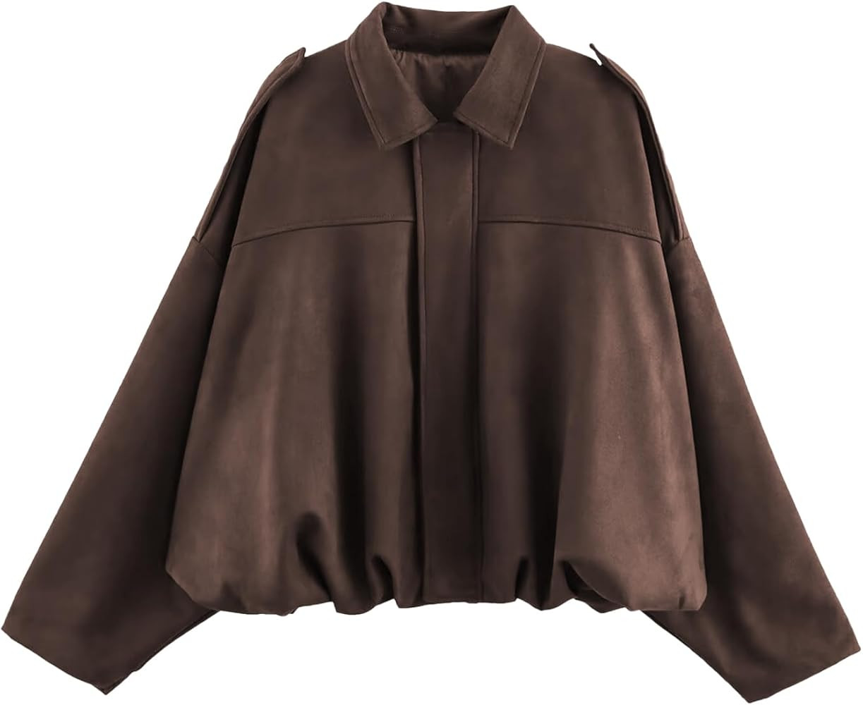 Womens Faux Suede Bomber Jacket Casual Lightweight Batwing Long Sleeve Oversized Coat Streetwear ... | Amazon (US)