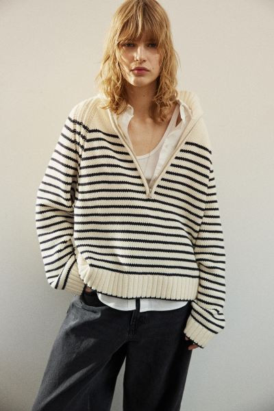 Zip-top jumper - Cream/Striped - Ladies | H&M GB | H&M (UK, MY, IN, SG, PH, TW, HK)