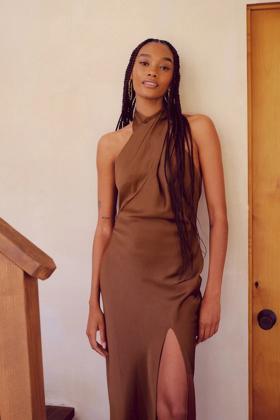Beyond Classy Brown Satin Halter Midi Dress | Lulus (US)