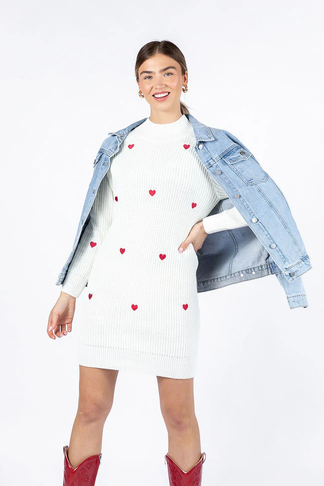 Call Back Later Ivory Heart Detail Sweater Dress FINAL SALE | Pink Lily