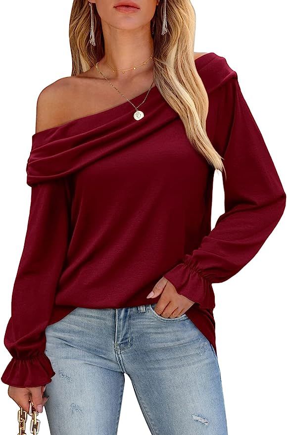 DOROSE Women's Off The Shoulder Tops Ruffle Long Sleeve Blouses Loose Casual Shirts | Amazon (US)