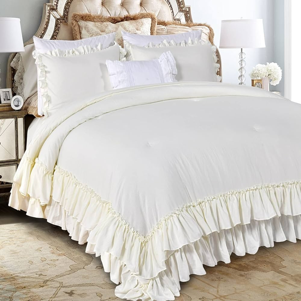 QSH Ruffle Comforter Set King Size, Shabby French Country Chic Bedding Ivory Comforter Sets, 3 Pi... | Amazon (US)