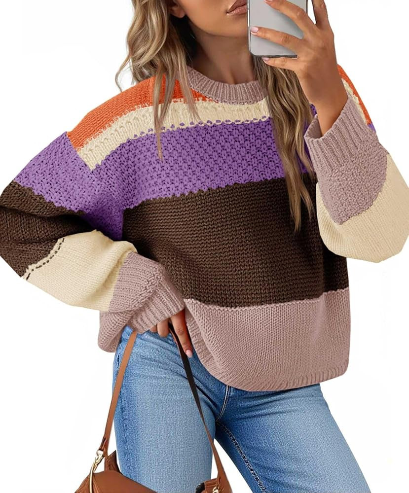 Saodimallsu Womens Color Block Cropped Sweaters 2025 Winter Trendy Casual Oversized Y2k Going Out... | Amazon (US)