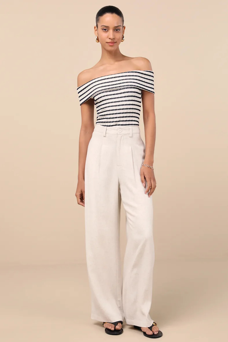 Lucilia Cream Striped Textured Knit Off-the-Shoulder Top | Lulus