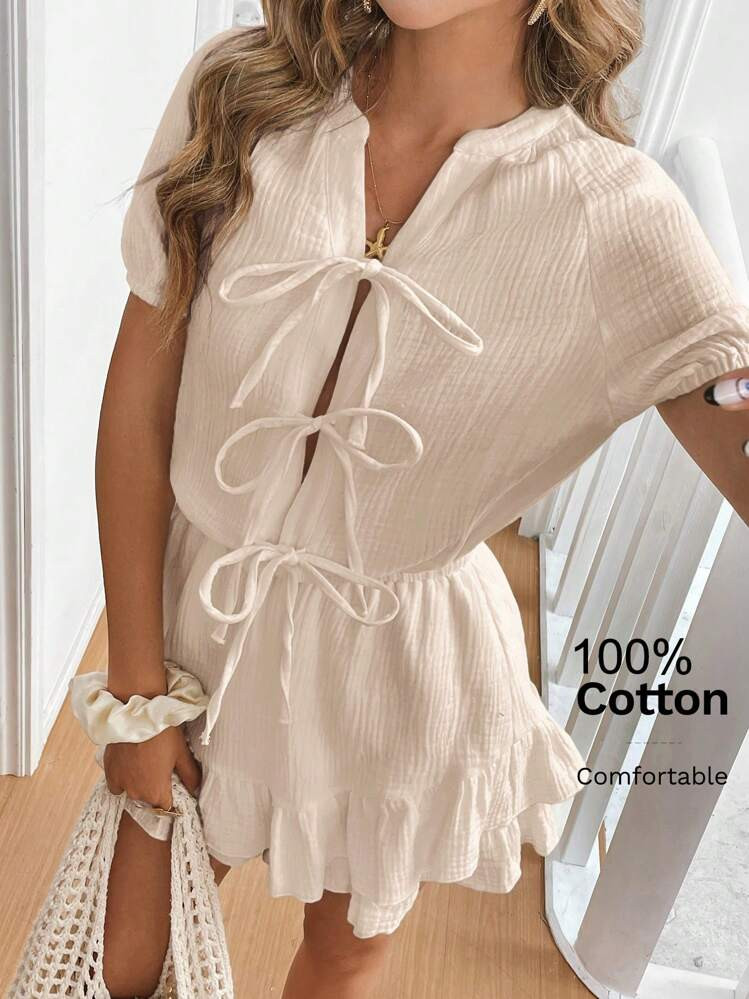 SHEIN Frenchy Women Solid Front Tie Raglan Sleeve Casual Jumpsuit | SHEIN