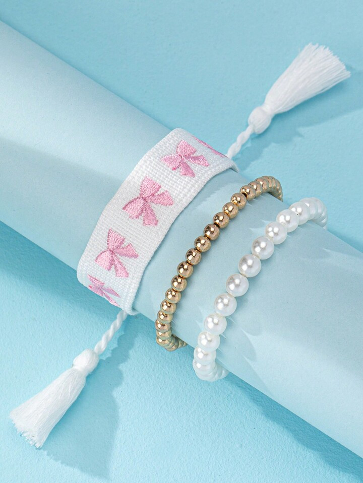 3 Pcs BOHO Pink Bow Embroidered Bracelet Set For Women | SHEIN USA | SHEIN