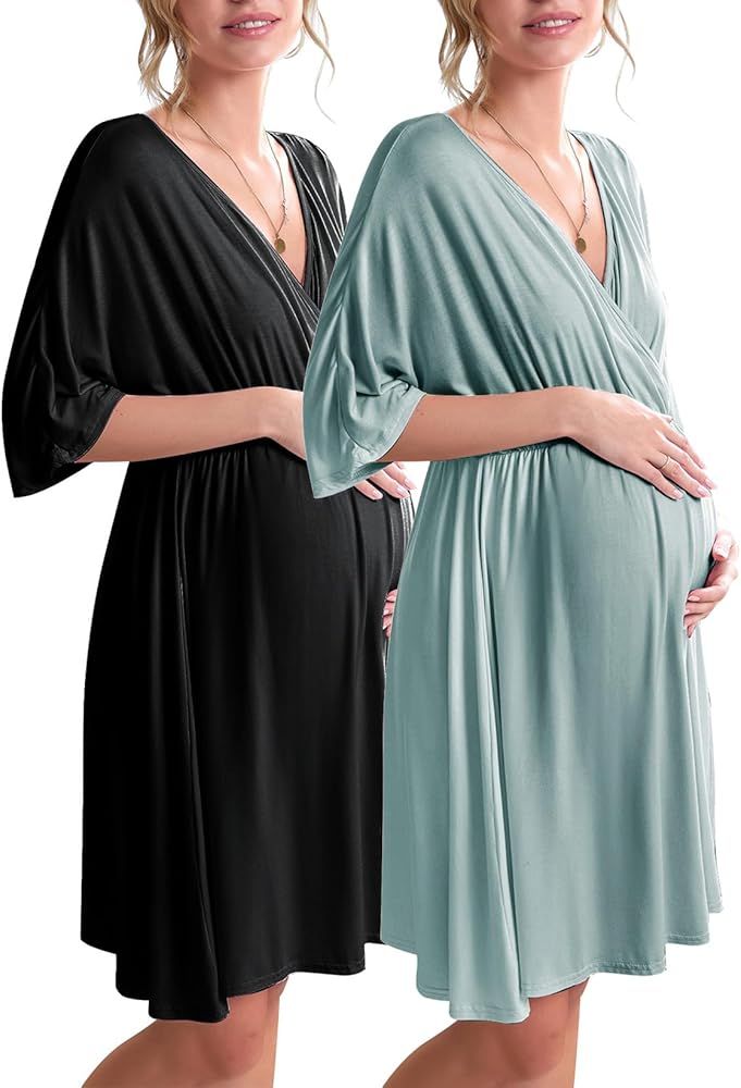 Ekouaer 3 in 1 Labor/Delivery/Hospital Gown 2 Pack Maternity Dress Nursing Nightgown Sleepwear | Amazon (US)