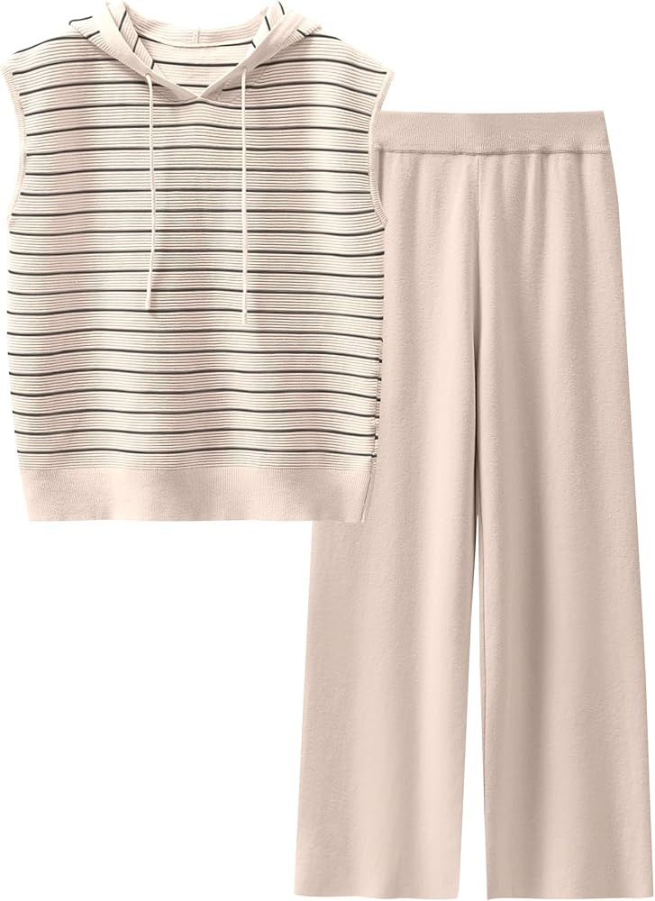 Caracilia Women 2 Piece Outfits Summer Sleeveless Tops Knit Pants Sweater Lounge Matching Sets | Amazon (US)