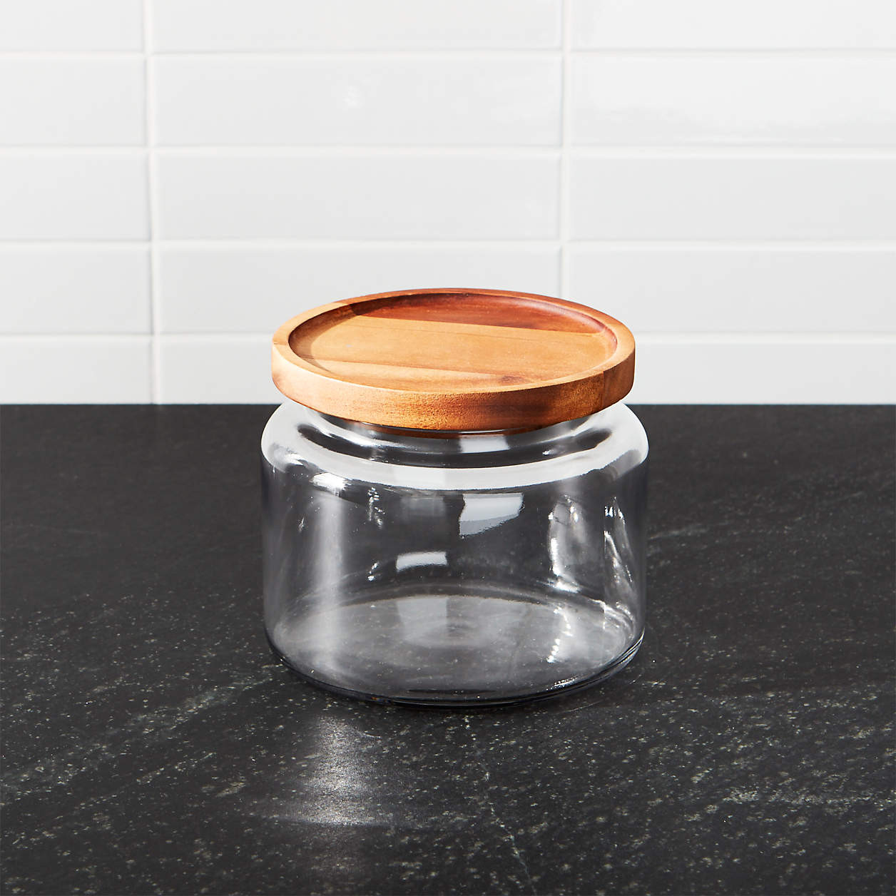 Montana 48-Oz. Small Acacia and Glass Jar + Reviews | Crate & Barrel | Crate & Barrel