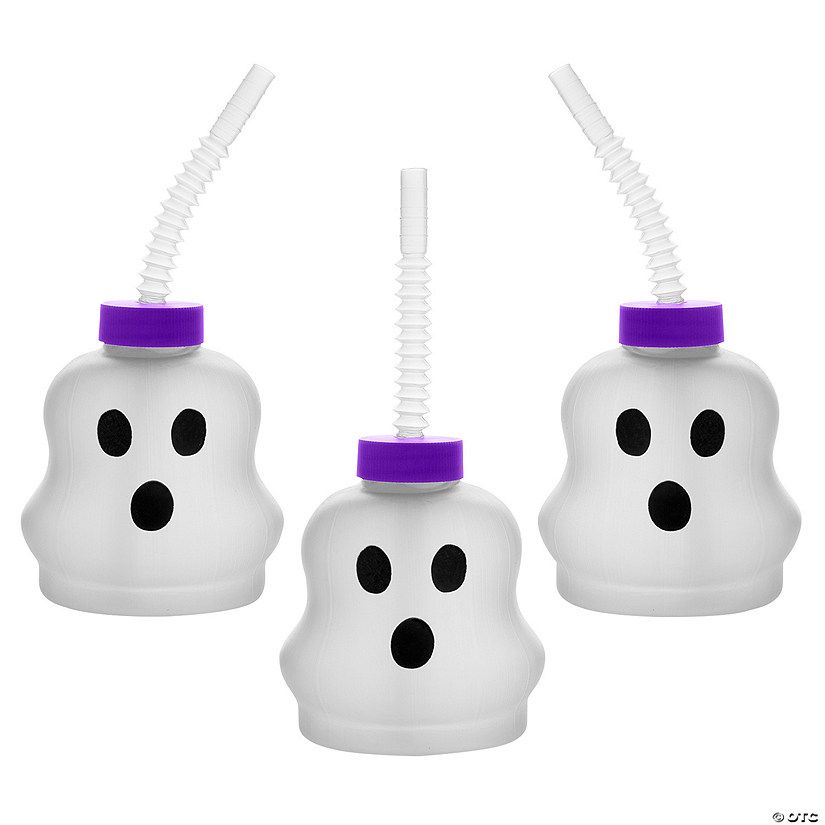 Ghost-Shaped Frosted Reusable BPA-Free Plastic Cups with Lids & Straws - 12 Ct. | Oriental Trading Company