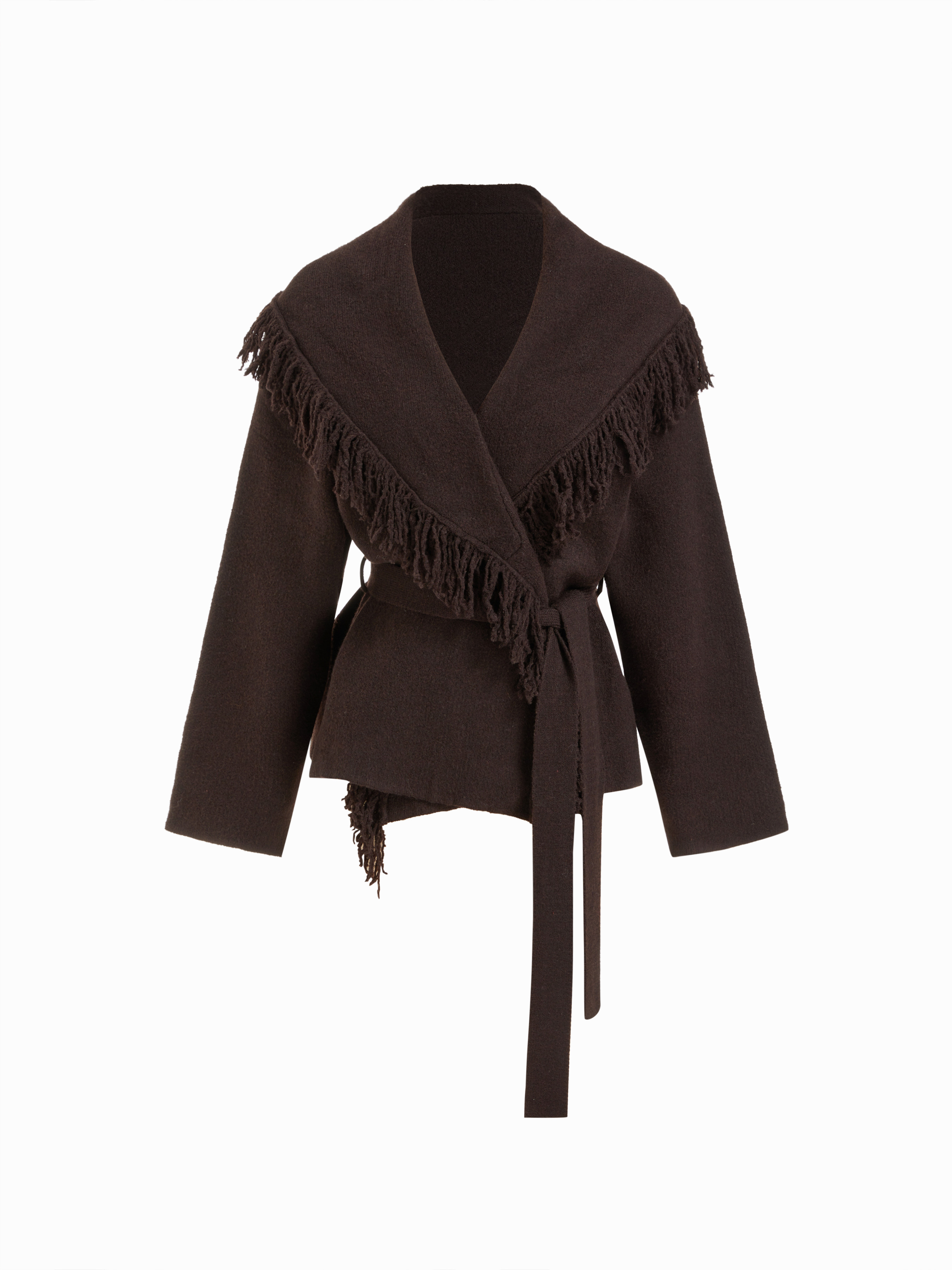 Knit Fabric Fringed Wool-blend Knit Wrap Cardigan With Belt For Work | Cider