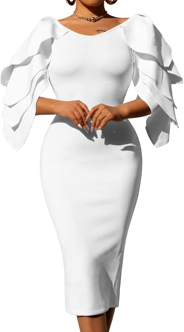 DAAWENXI Women's Elegant Ruffle Off The Shoulder Zipper Empire Midi Cocktail Dress | Amazon (US)