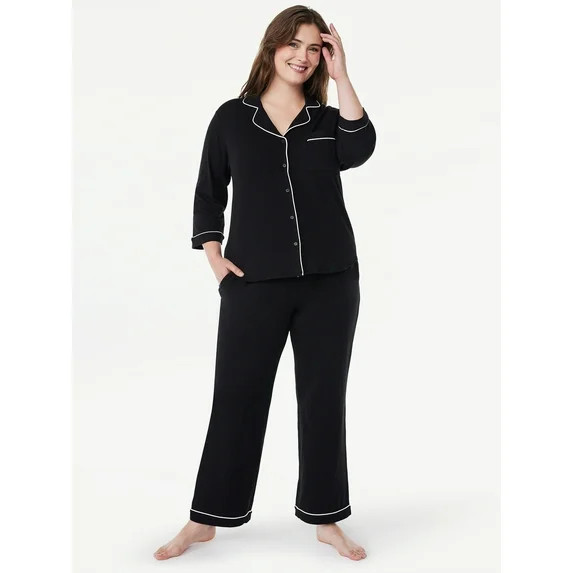 Joyspun Women’s Cotton Blend Notch Collar Top and Pants Pajama Set, 2-Piece, Sizes S-4X | Walmart (US)