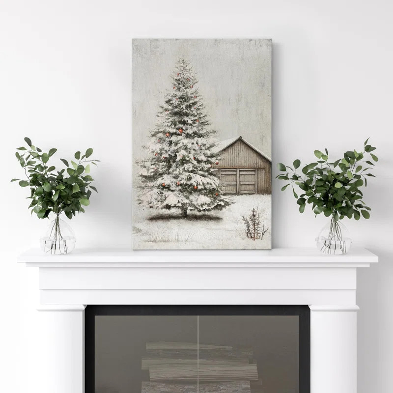 Rustic Christmas Tree Snow-Covered Holiday Red Ornaments by a Barn Farmhouse Decor Illustration | Wayfair North America