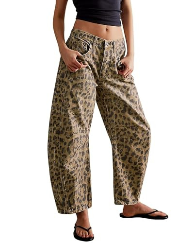 TERIVEEK Women Barrel Leopard Jeans Casual Mid Rise Ankle Wide Leg Pants Y2K Baggy Boyfriend Denim Harem Pants with Pockets | Amazon (US)