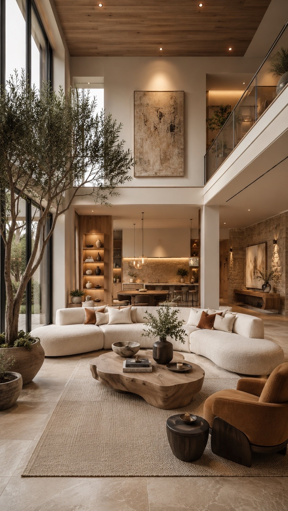 Shop This Room — link below. Recreate this warm organic-modern living room with a curved cream sectional, sculptural wood coffee table, caramel accent chair and layered natural textures. Warm built-in shelving, oversized greenery and soft stone finishes create a sophisticated, relaxed space with an elevated quiet-luxury feel.

#LivingRoomInspo #OrganicModern #ModernLivingRoom #LuxuryLivingRoom #LivingRoomDecor #WarmModern #NeutralHome #EarthyInteriors #InteriorDesign #HomeDecor #LuxuryInteriors #QuietLuxury #ModernHome #LivingRoomIdeas #LuxuryHome #WarmMinimalism #NeutralDecor #DesignerHome #InteriorInspo #HomeInspiration #LTKHome #LTKFinds #HomeFinds #ModernDecor