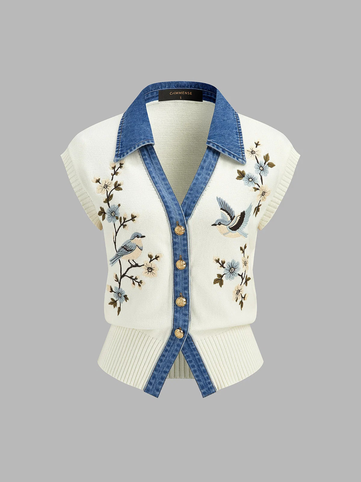 Bird Floral Denim Collar Knit Vest | Commense
